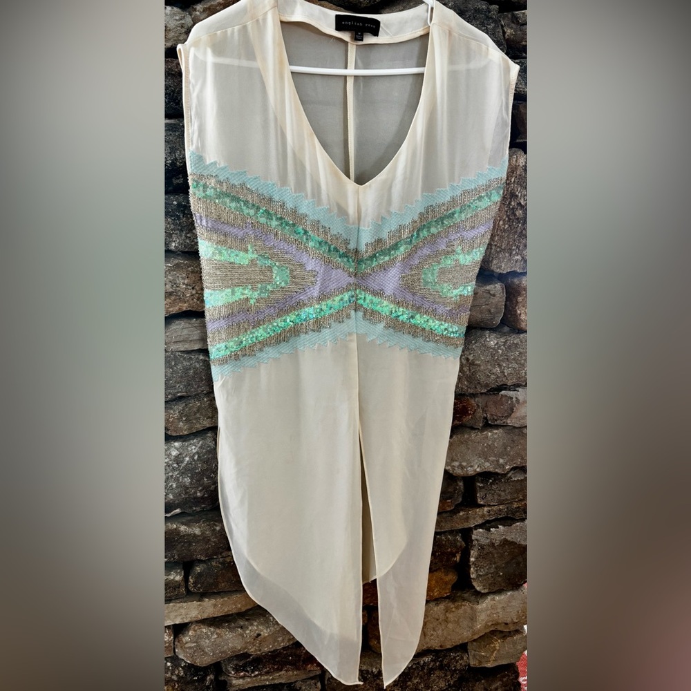 Sheer Cream Coverup caftan with purple and green Sequin Accents M